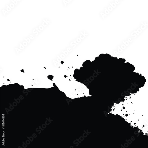Black Silhouette of Exploding Debris and Smoke on White Background Keywords: explosion, blast, debris, smoke, dust