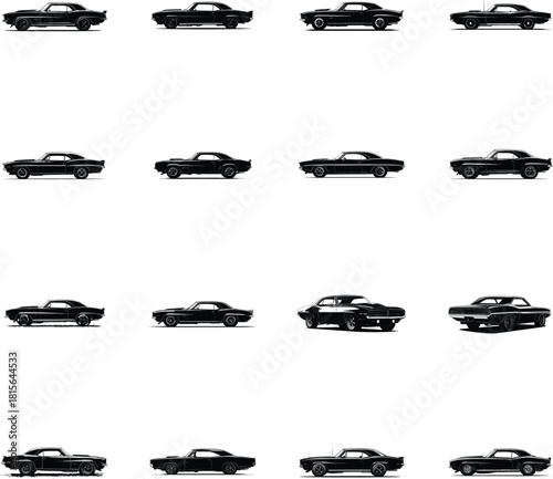 A collection of iconic classic muscle car silhouettes presented in various side profiles and angles