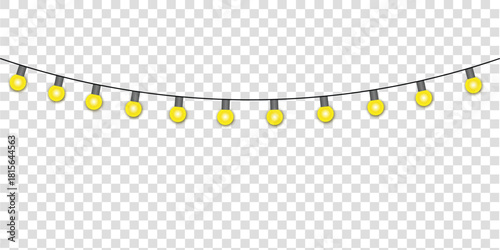 Twinkling fairy lights glow in soft amber. Golden garland loops around festive corner. Warm bulbs dangle on celebration wire. Vector illustration. 