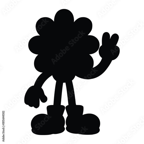 Black silhouette of a cartoon character with a flower-shaped head giving a peace sign