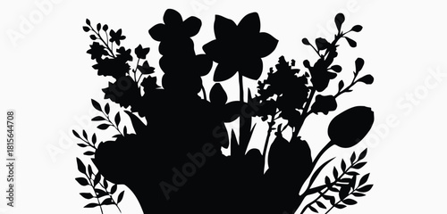 Black Silhouette of a Large Floral Arrangement with Leaves and Buds flowers