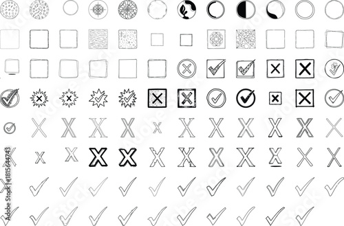 A diverse collection of checkmark and cross symbols presented in various hand drawn and clean line styles