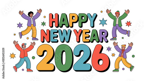 New Year's Celebration: Colorful artwork illustrates the joyous arrival of the new year, people celebrating, star and happy wishes. 