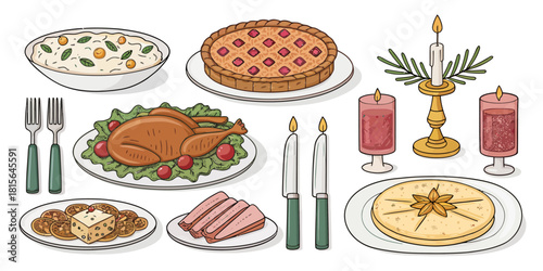 Warm holiday feast celebration with traditional dishes, inviting candles, and joyful anticipation of a delicious meal with loved ones