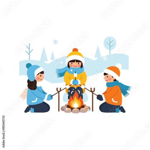 Three happy children roasting marshmallows around a campfire in a snowy winter landscape.