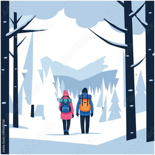 Couple hiking in a snowy winter landscape with trees and mountains.