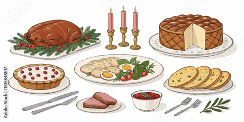 Festive holiday dinner spread illustration featuring roasted turkey, savory pie, and delightful sides for a memorable celebration