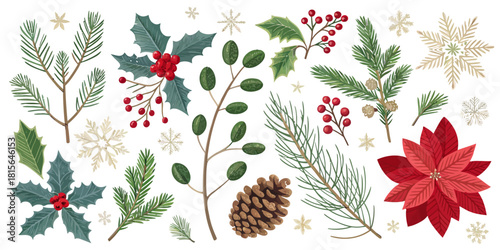 Elegant holiday botanical elements offer winter cheer with festive holly, pine, berries and snowflakes for seasonal cards and designs