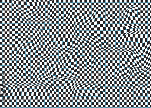 Black and white mini size checkered illusion print with a wavy pattern. The squares are distorted, creating a visual effect where the grid appears warped and undulating. This design is commonly used i