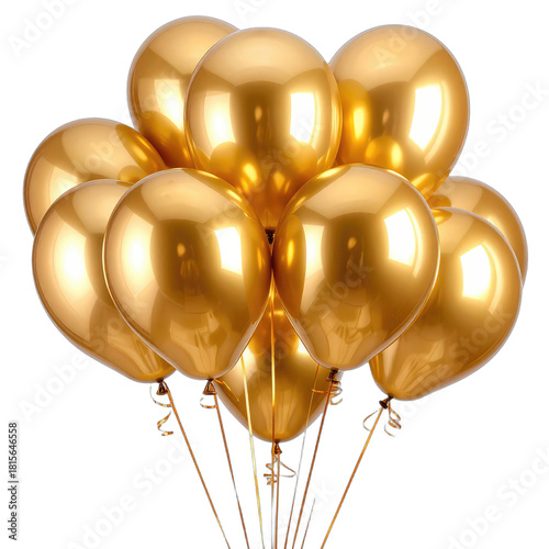 A cluster of shiny gold balloons floats against a black background, tied with golden ribbons.