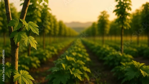 Organized tree plantation with aligned rows of maturing trees at sunset, focusing on healthy green maple-like leaves in sustainable agricultural or forestry environment.
