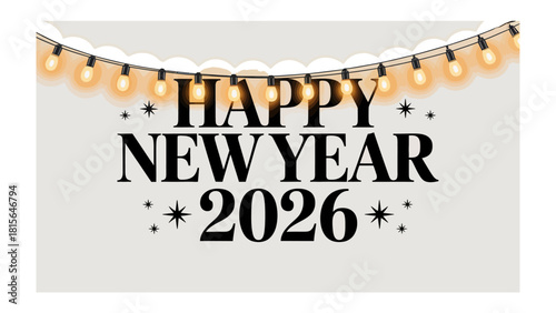 Happy New Year 2026: A Festive message is spelled out in bold typeface, illuminated by warm lights, heralding the arrival of a new year, creating a cheerful vibe.