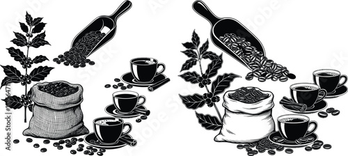 Assorted coffee preparation items with plant, bean sack, scoop, and steaming cups for a morning beverage theme