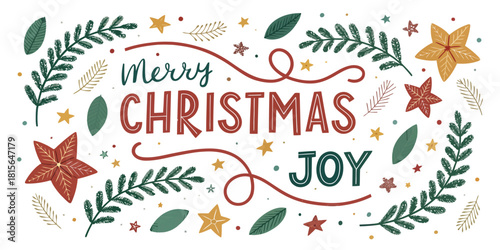 Festive Merry Christmas joy with stars, leaves, and branches design for holiday season greetings and cheerful celebrations