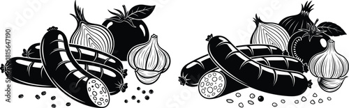 A rustic arrangement of sausages, fresh onions, tomatoes, and garlic cloves with pepper scattered