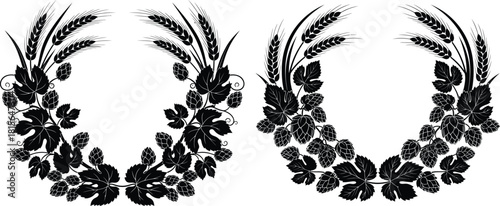 Botanical wreaths composed of hop cones and wheat stalks, ideal for brewery branding or harvest festival designs