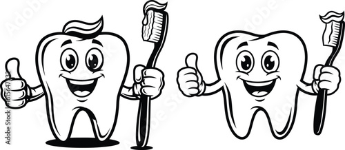 Cheerful cartoon tooth mascots promoting oral hygiene by holding toothbrushes and showing thumbs up