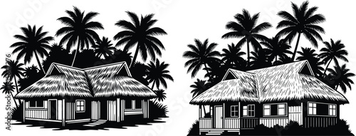 Charming tropical bungalows with thatched roofs nestled among dense palm trees on a serene island getaway