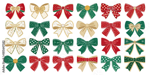 Elegant Christmas bows in red, green, and gold tones for holiday decorations and gift wrapping projects, originally a scalable graphic
