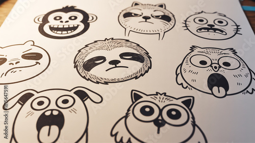 Collection of hand-drawn animal faces expressive cartoon characters with unique personalities perfect for stickers and playful designs