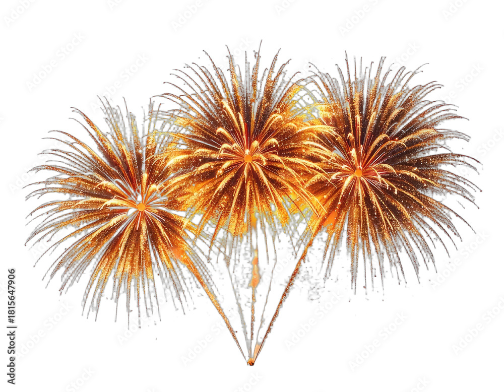 Obraz premium Three golden fireworks explode against a black background.