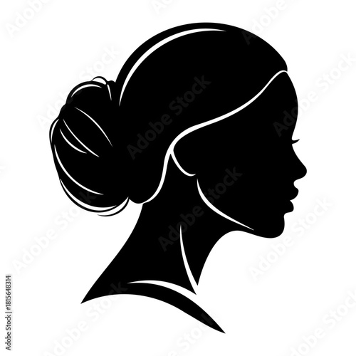 Silhouette of a woman with an updo hairstyle in black and white design