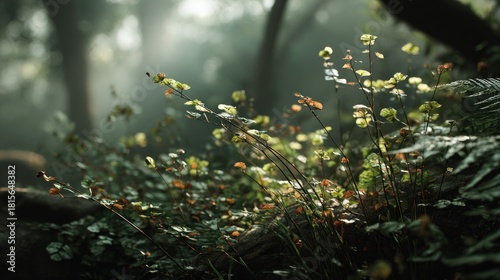 Sunlit foliage and fern in soft focus, creating a serene woodland atmosphere