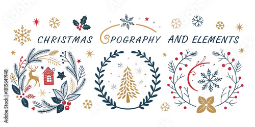 Celebrate the season with festive Christmas typography and elegant winter elements, perfect for holiday cards and seasonal designs