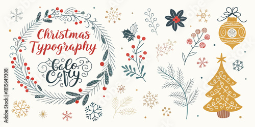 Festive Christmas typography and cheerful holiday floral elements for greeting cards, seasonal designs and winter celebrations
