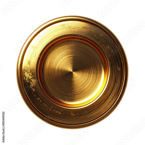 A close-up view of a golden plate with a brushed metal finish against a black background.