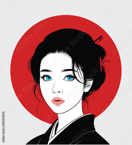 051-37-Japanese woman portrait showing elegant hairstyle and a kimono against a red sun