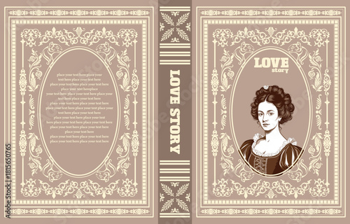 051-39-Ornate vintage book cover with an illustrated woman and love story text