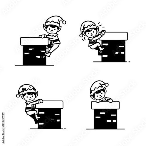 Four cartoon elves climbing a chimney, preparing for Christmas deliveries. Black and white illustration.