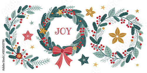 Spread holiday cheer with these lovely Christmas wreaths, perfect for cards, invitations, and festive designs with vector origins