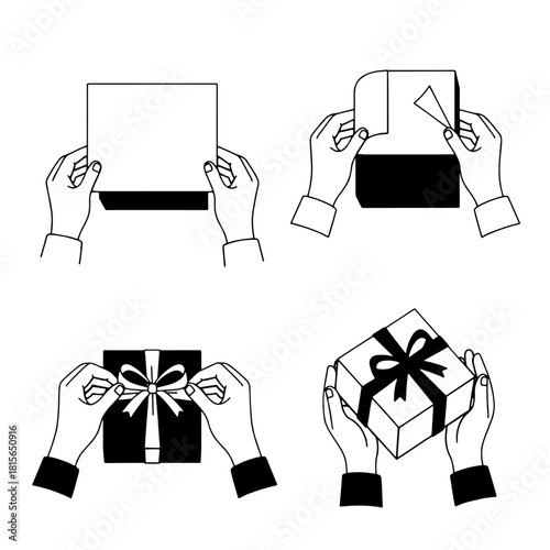 A sequence showing hands wrapping a gift box with paper and a bow.
