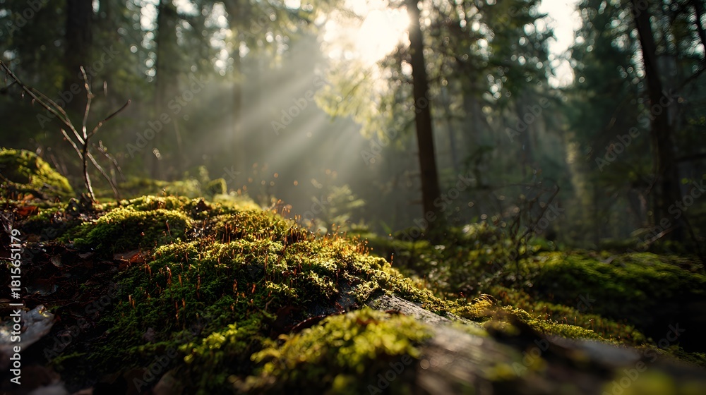 Fototapeta premium Sunbeams illuminate dense, moss-covered forest floor with tall tree trunks in the background