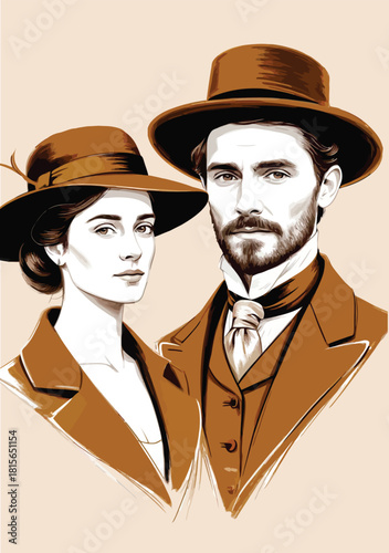051-50-Couple wearing traditional hats and formal attire posing in this illustration