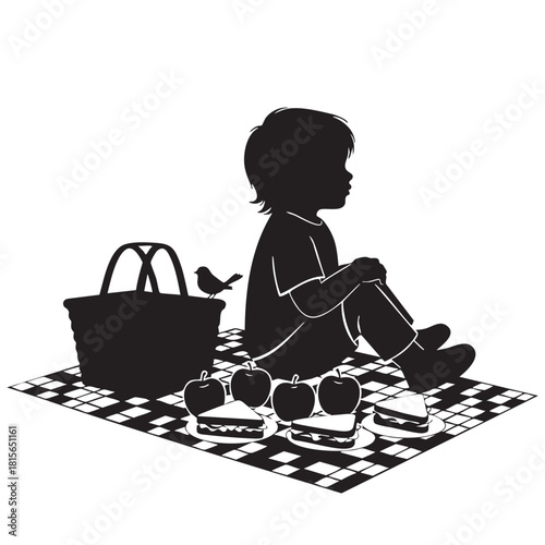 a_child_sitting_on_a_checkered_with_a_basket_and_eggs_traced