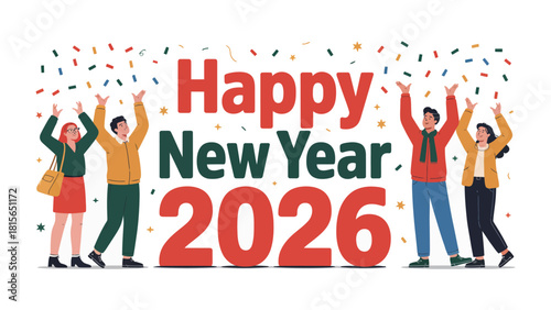 New Year 2026 Celebration: Diverse individuals gather, hands raised in a vibrant display, marking the arrival of the new year with confetti and excitement, ushering in hope and a fresh start.