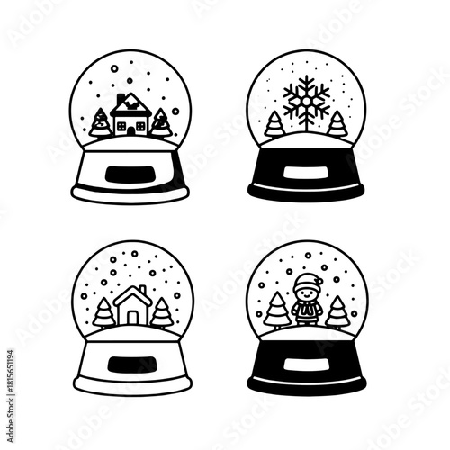 Four black and white illustrations of snow globes with wintery scenes inside.