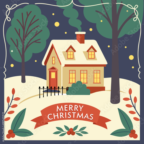 Merry Christmas Cabin with Snow Forest