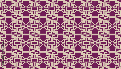 A seamless geometric pattern featuring interlocking angular shapes in deep purple and beige tones. The design forms a repeating lattice structure with a modern yet traditional aesthetic