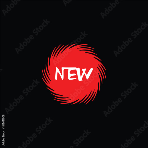 New word in white on a vibrant red stylized burst icon symbol