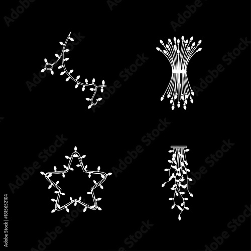 Four separate illustrations of white Christmas lights arranged in various shapes on black.