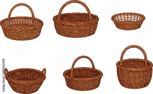 Hand-drawn wicker basket collection illustration, natural woven containers, rustic storage baskets, traditional craftsmanship design perfect for market, kitchen, farming, and decoration