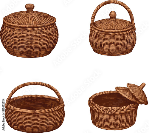 Hand-drawn wicker basket set illustration, rustic woven containers with lids and handles, natural traditional craft design perfect for market, storage, and decoration