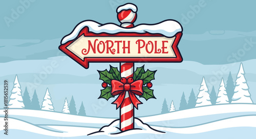 A festive cartoon North Pole signpost covered in snow, decorated with holly and a red bow, set against a winter wonderland landscape with snow-covered trees.