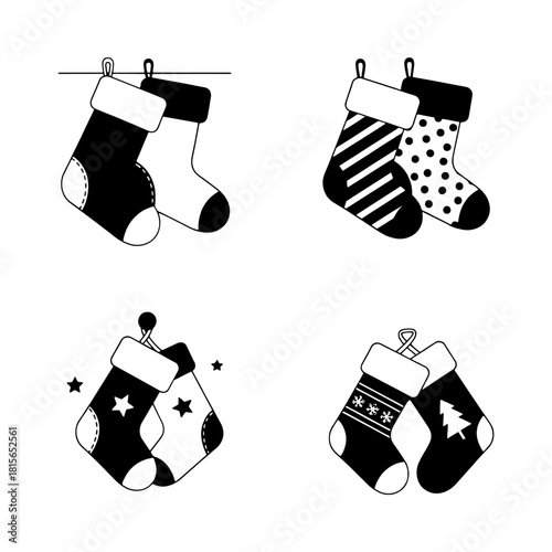 Four pairs of festive Christmas stockings, each with unique patterns and designs.