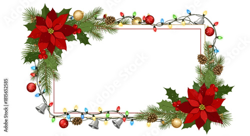 Festive Christmas frame with poinsettias, ornaments, pine cones, and string lights.
