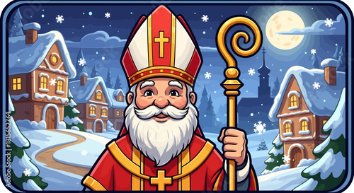 A cheerful cartoon illustration of Saint Nicholas in a snowy village at night under a full moon.